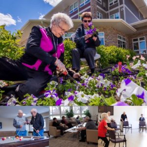 A collage of photos including two ladies planting flowers, two men playing billiards, a group gathered visiting over coffee in the front room of Rotary Villas, and residents stretching with the help of a chair.